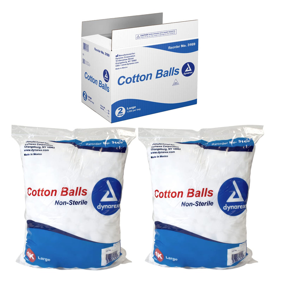 Dynarex large cotton ball pack of two, 1,000 count, bulk use.
