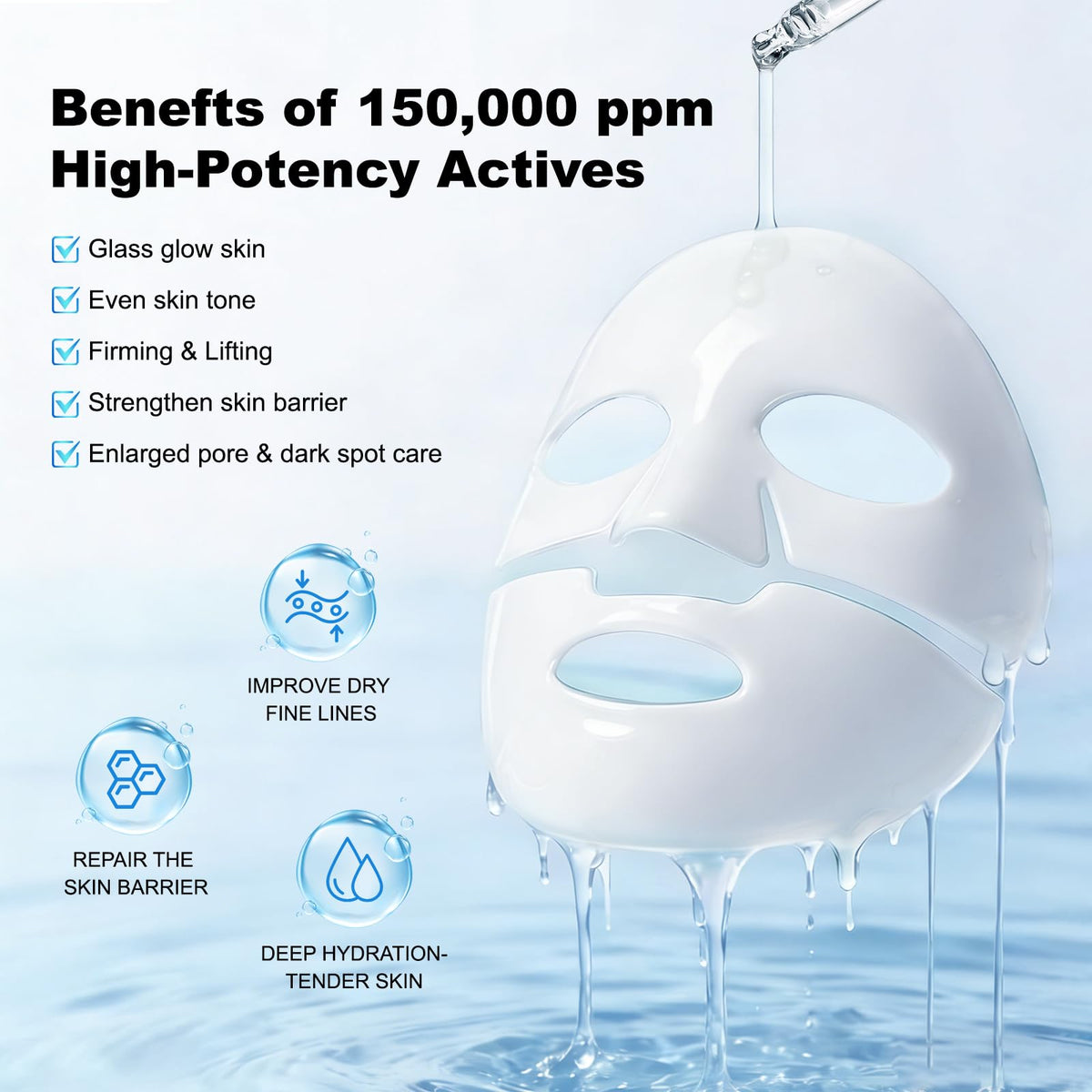 DynastyEra Bio Collagen Mask sheet applied on skin for plump hydration.