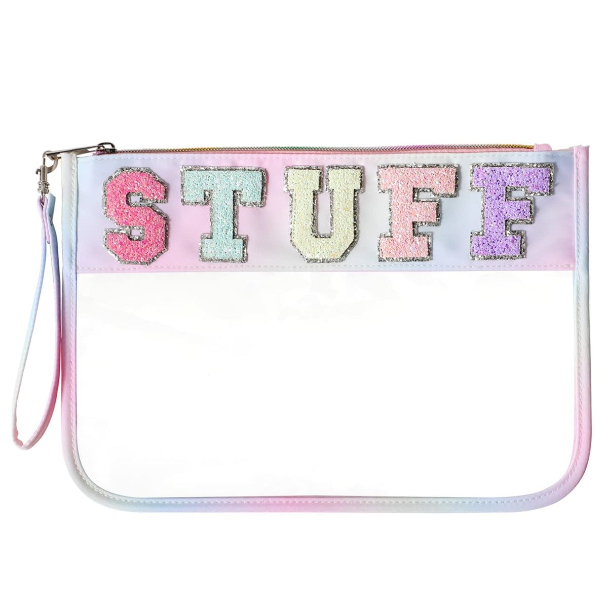 DYSHAYEN chenille letters close-up on clear pouch for stylish travel organization.