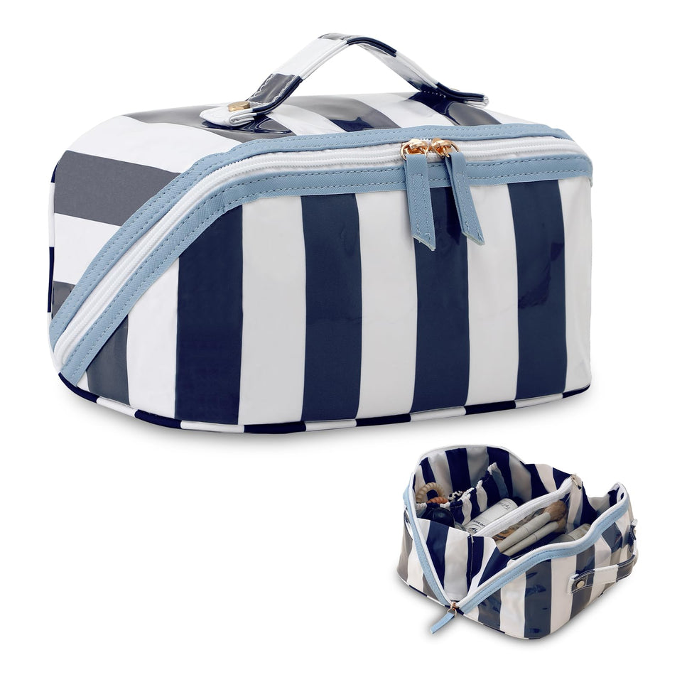 DYSHAYEN stripe travel makeup bag with clear-coated exterior for waterproof protection.