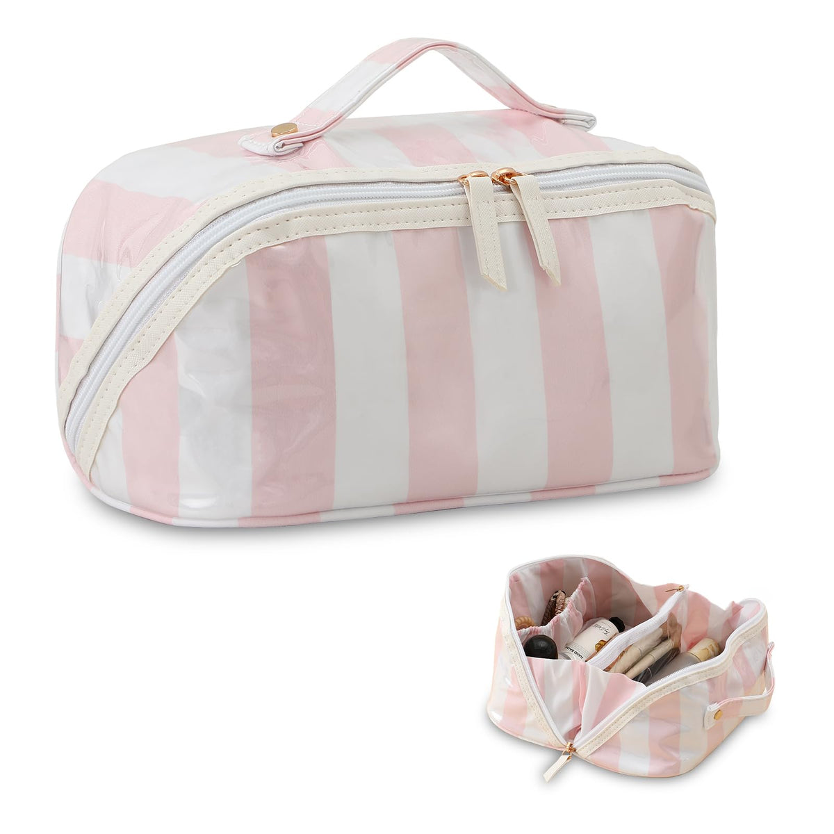 DYSHAYEN Stripe travel makeup bag with clear-coated exterior for waterproof protection and easy visibility.