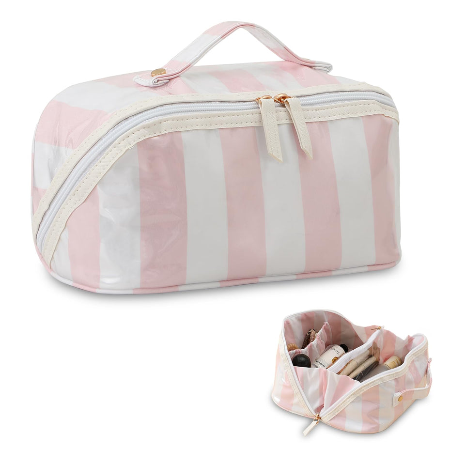 DYSHAYEN Stripe travel makeup bag with clear-coated exterior for waterproof protection and easy visibility.