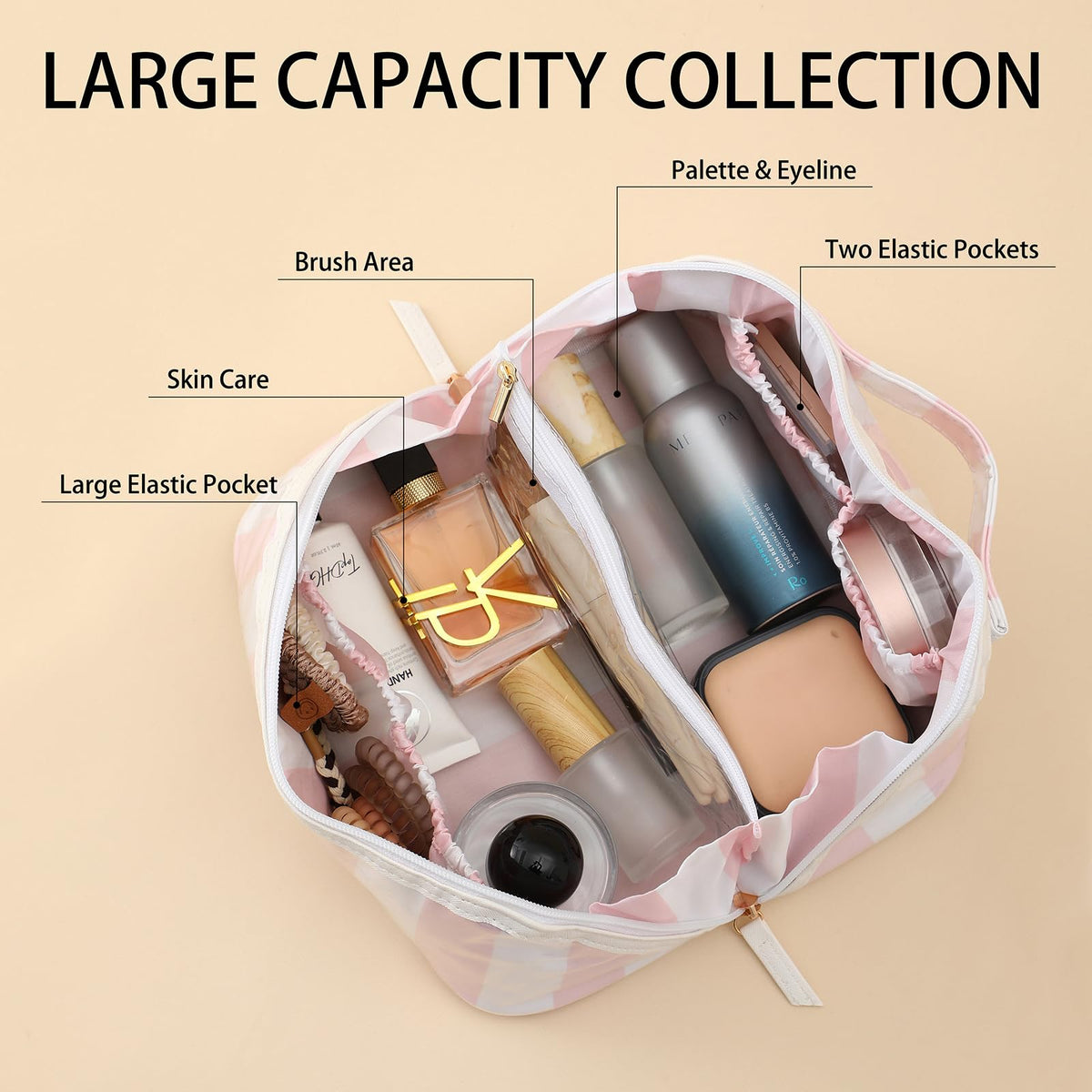 DYSHAYEN Stripe open-flat design enables quick access to cosmetics during travel.