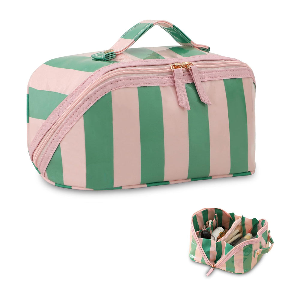 DYSHAYEN Stripe Travel Makeup Bag open-flat design for quick access to cosmetics