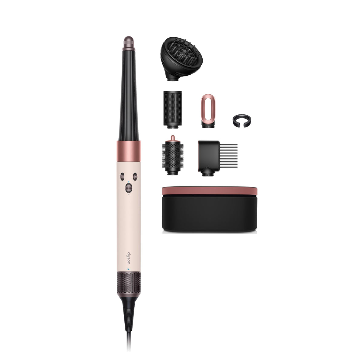 Dyson Airwrap i.d. with ceramic pink rose gold front view showing personalized curling routine.
