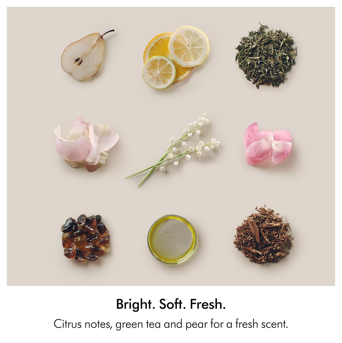 Citrus-green tea-pear fragrance provides refreshing notes during routine.