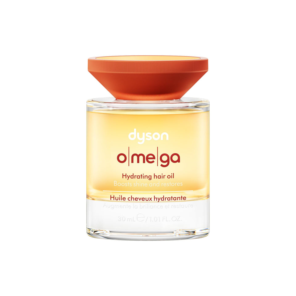 Dyson Omega Hydrating Hair Oil bottle demonstrates premium packaging and frizz-taming potential.