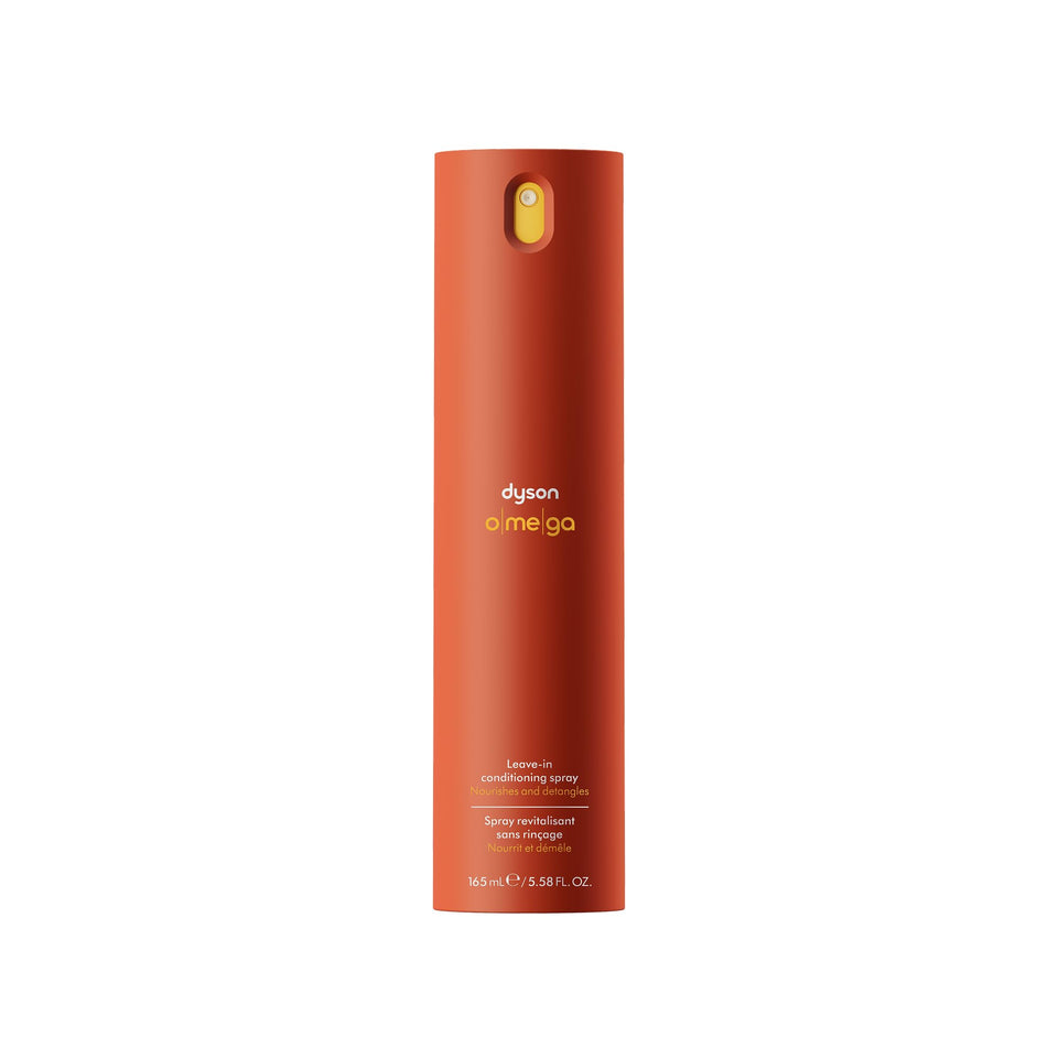 Dyson Omega Leave-in bottle front shows nourishing formula for protected hair.