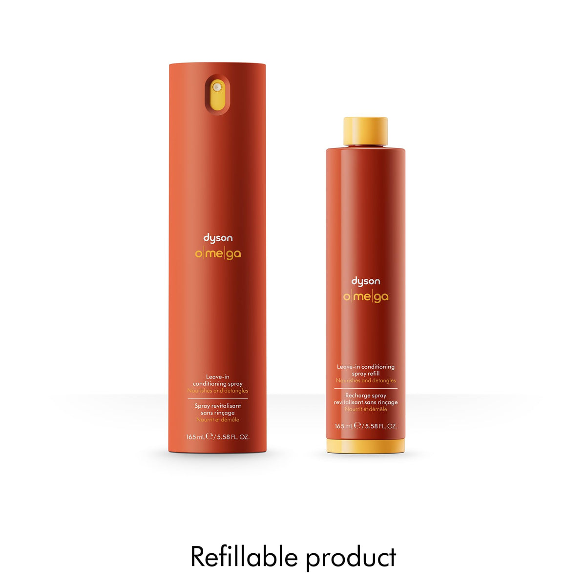 Dyson Omega Leave-in refill-pack supports eco-friendly, refillable design.