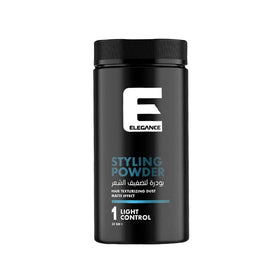 E Elegance Hair Styling Powder bottle with natural matte finish for everyday styling.