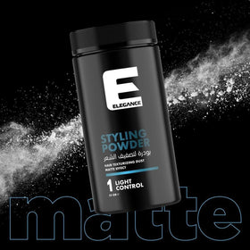Styled hair using E Elegance powder shows natural matte finish.