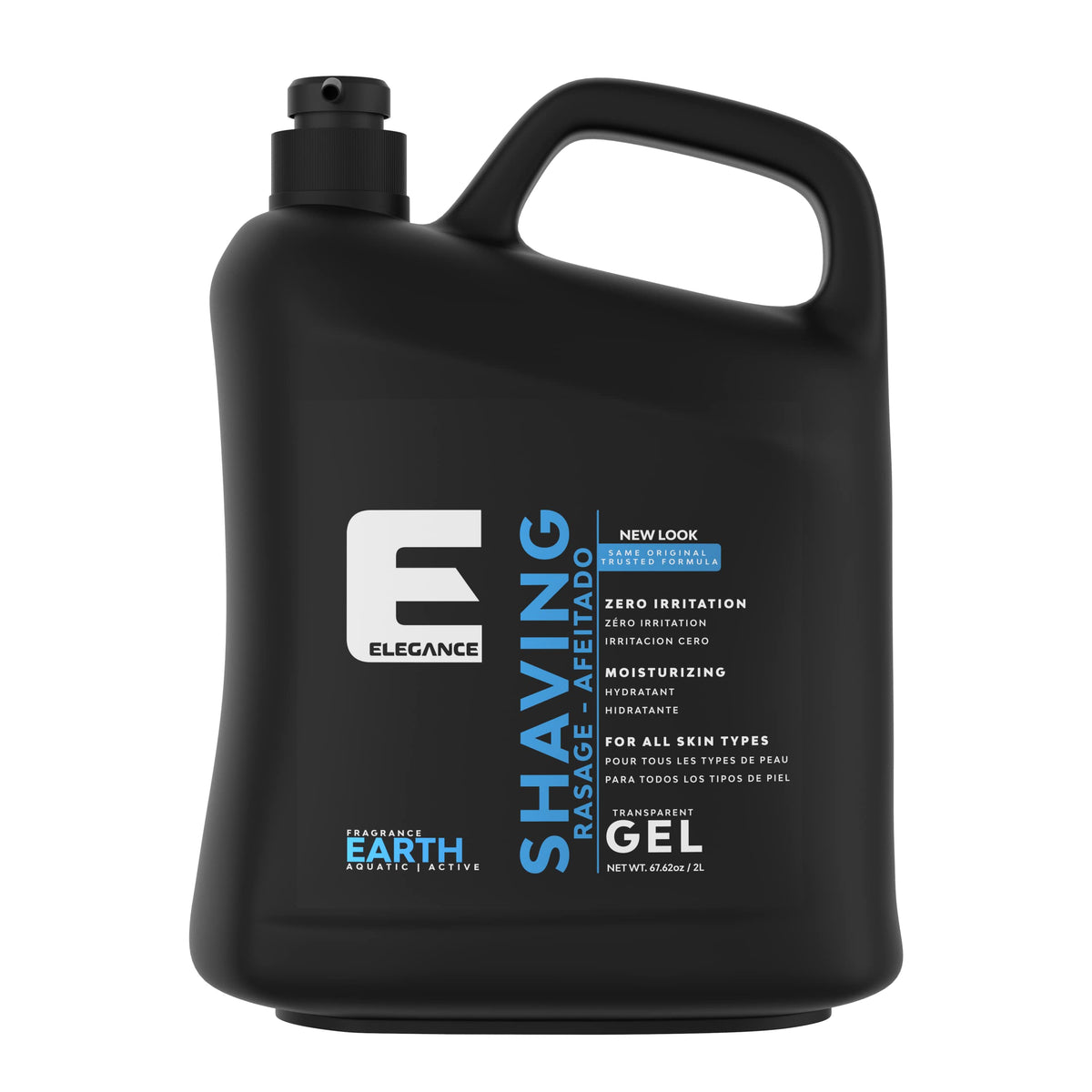 E Elegance transparent shaving gel bottle being poured for a smooth shave