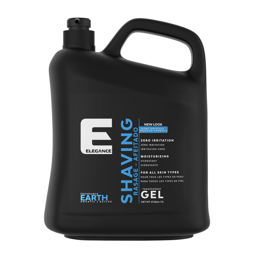 E Elegance transparent shaving gel bottle being poured for a smooth shave