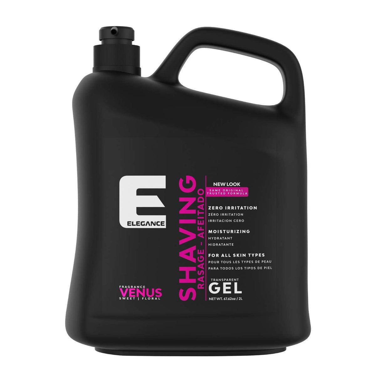 E Elegance Venus transparent gel bottle for clear visibility during shaving.