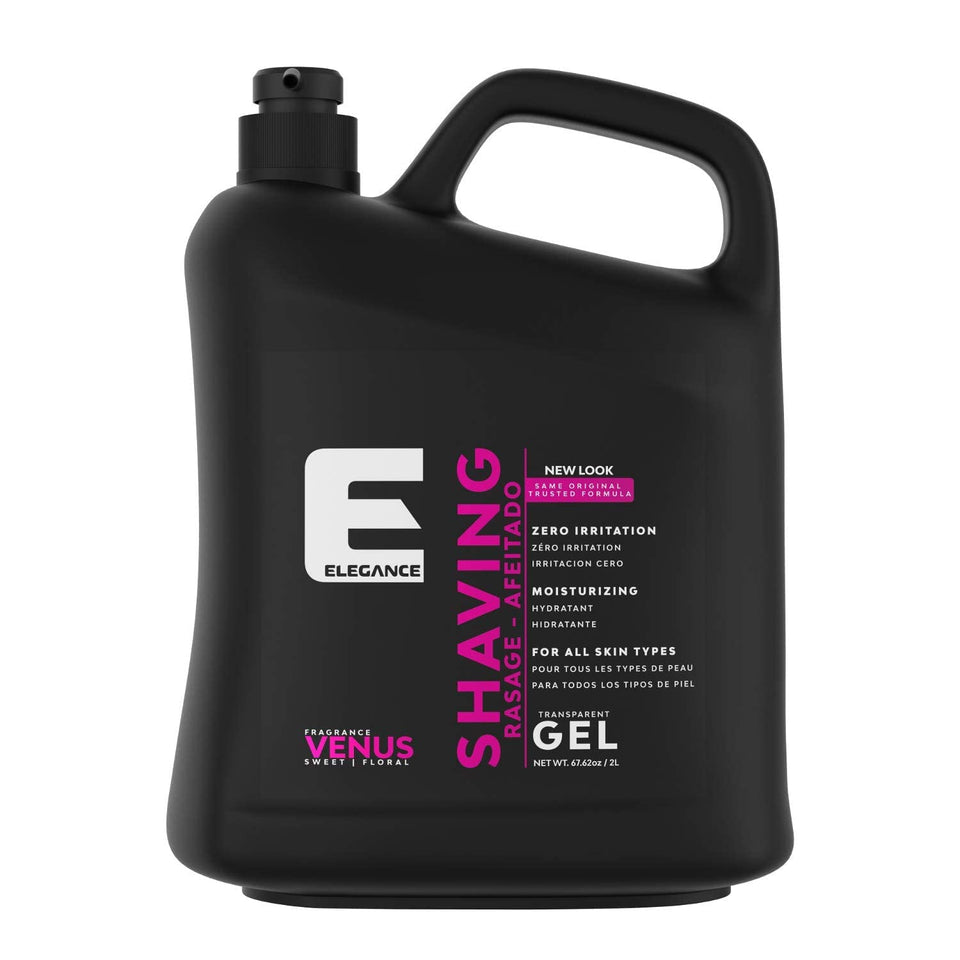 E Elegance Venus transparent gel bottle for clear visibility during shaving.