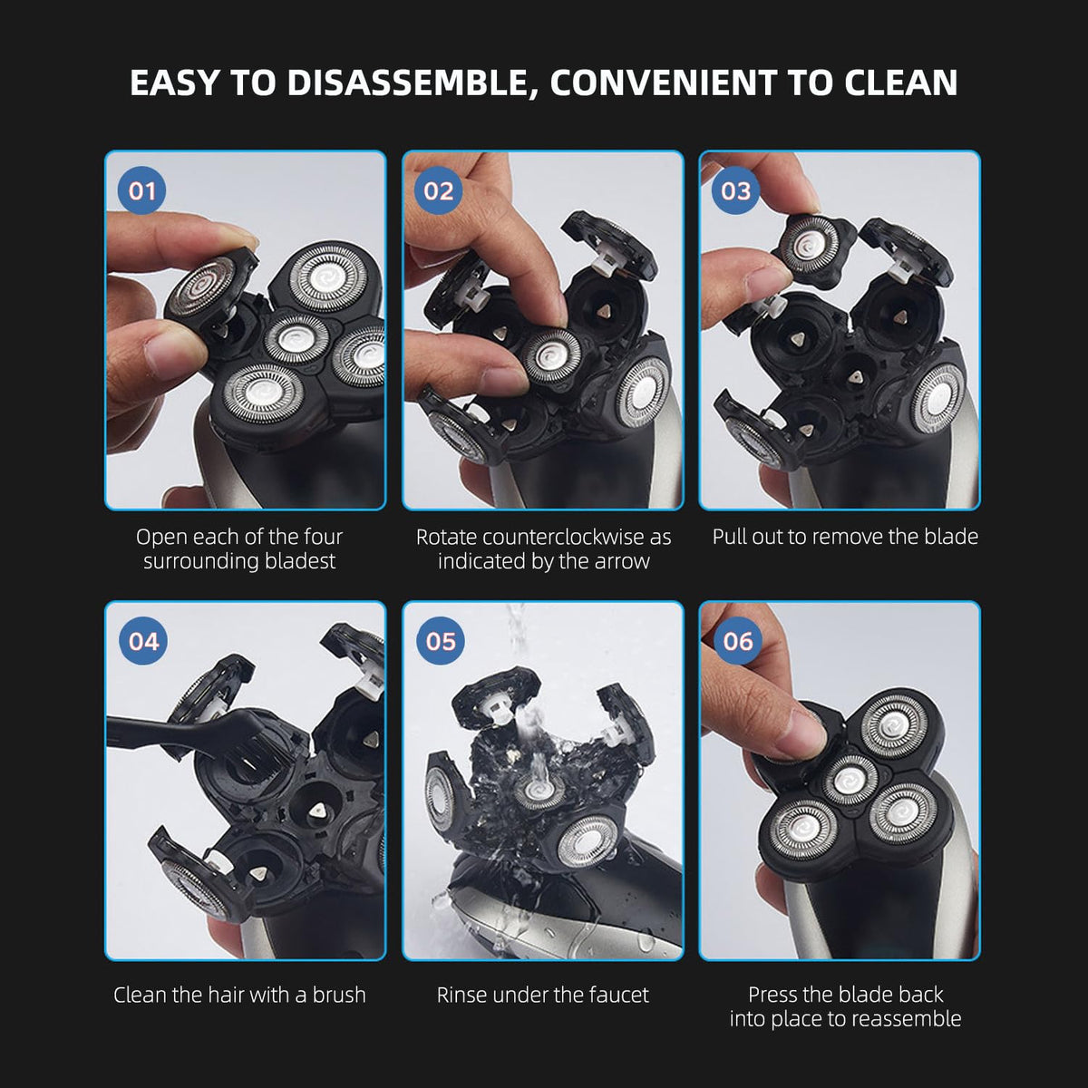 E-Hunter 5-rotary blades deliver close, skin-safe cuts.
