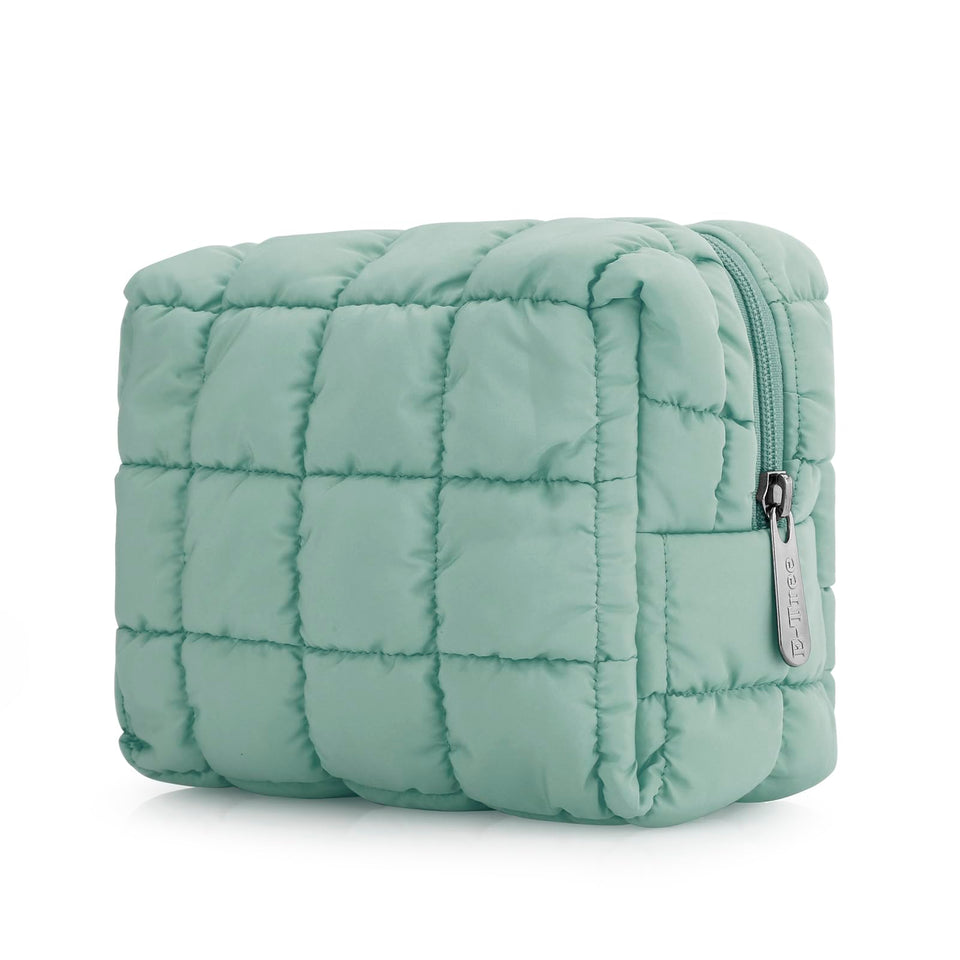 E-Tree cute makeup bag shows a quilted green surface for stylish organization.