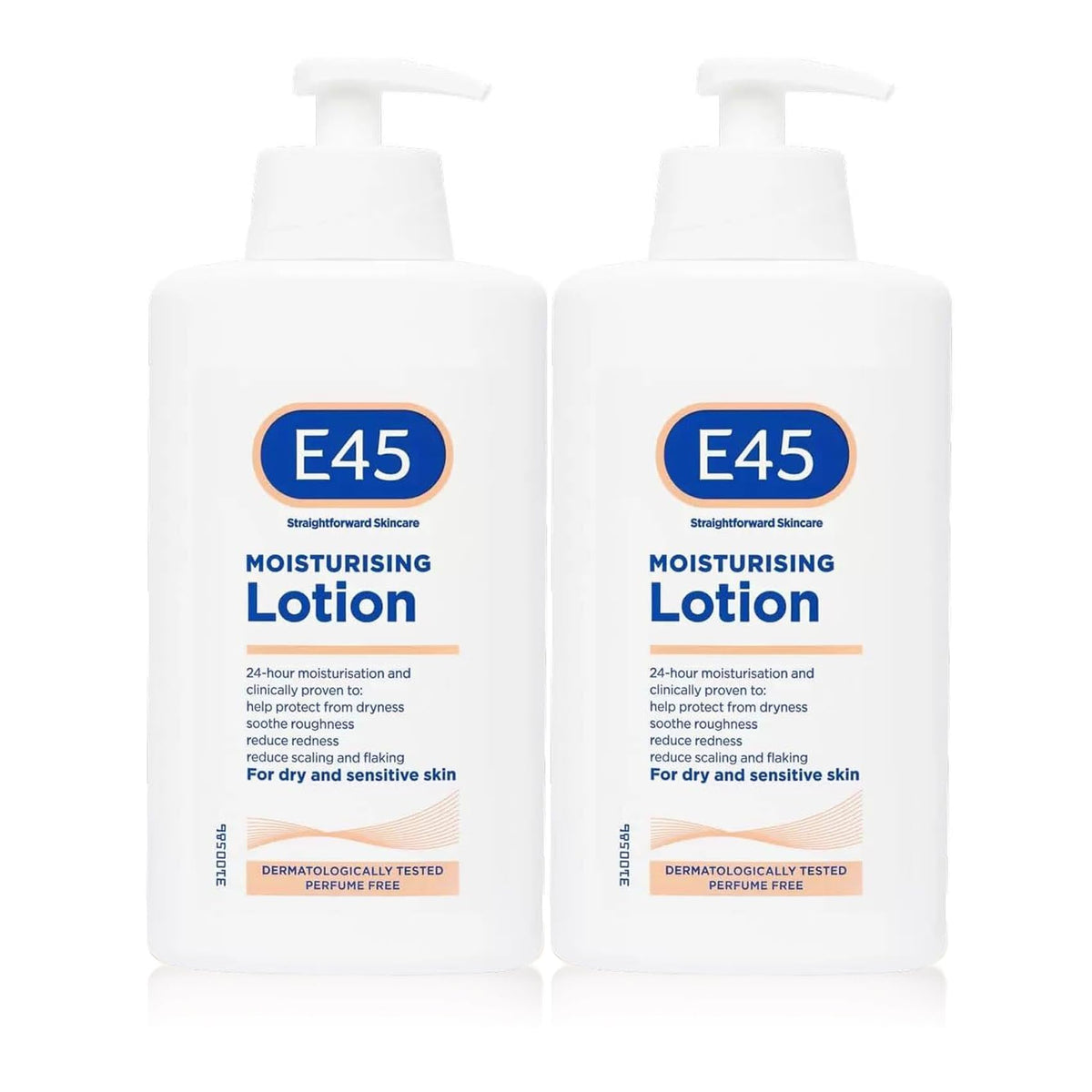 E45 dermatological moisturising lotion 2-pack bottles for all-over family hydration.