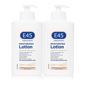 E45 dermatological moisturising lotion 2-pack bottles for all-over family hydration.