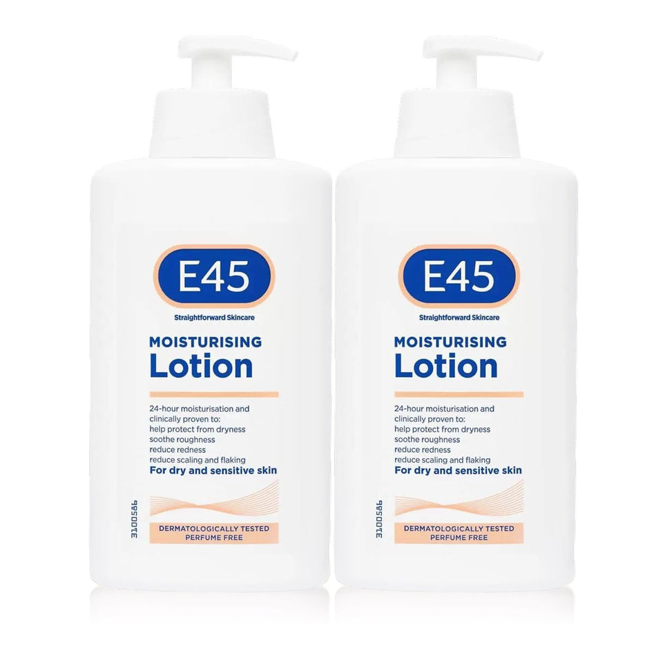E45 dermatological moisturising lotion 2-pack bottles for all-over family hydration.