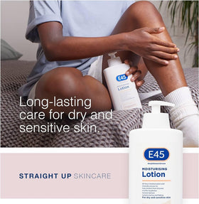E45 dermatologist-tested hypoallergenic label indicating safe use on sensitive skin.