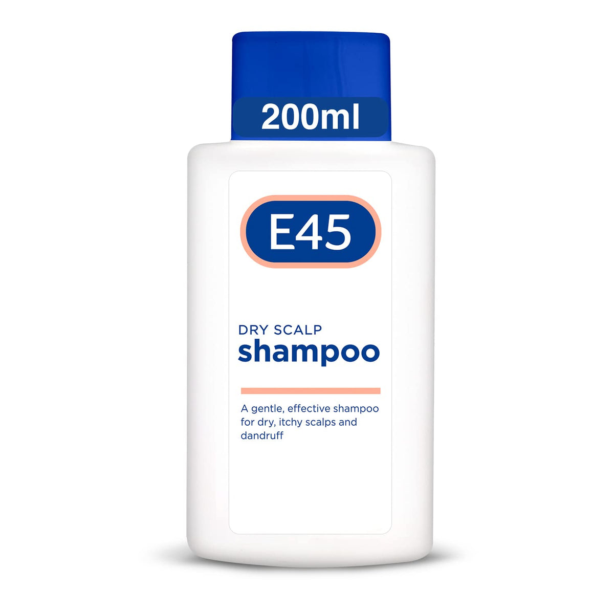 E45 dry scalp shampoo bottle front shows clean design for scalp care