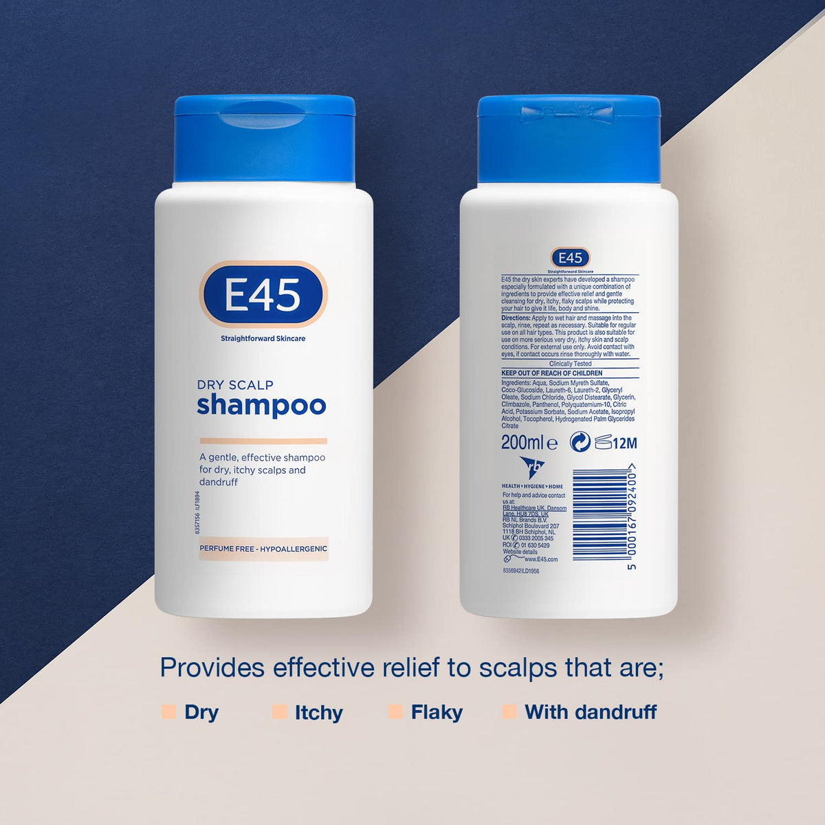 E45 perfume-free label indicates fragrance-free formula for sensitive scalps