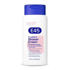 E45 Emollient Shower Cream bottle; fragrance-free hydration for sensitive skin.