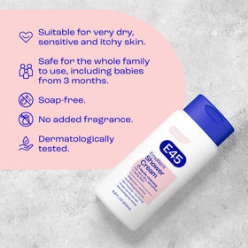 E45 Emollient Shower Cream label shows fragrance-free and sulfate-free formulation.