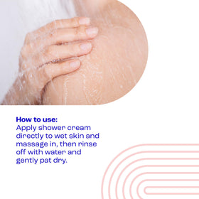 E45 Emollient Shower Cream being poured for a soothing cleansing experience.