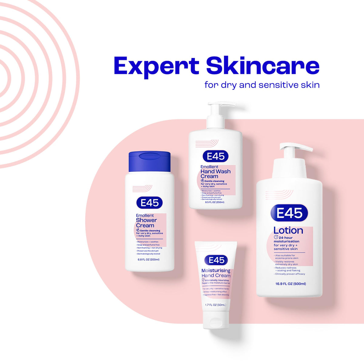 Shower scene with soft lather on arm, gentle for sensitive skin.