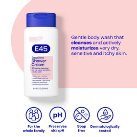 E45 Emollient Shower Cream texture close-up shows creamy, non-greasy formula.