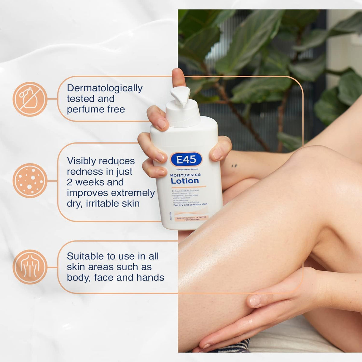 E45 fragrance-free formula bottle, suitable for perfume-sensitive skin.