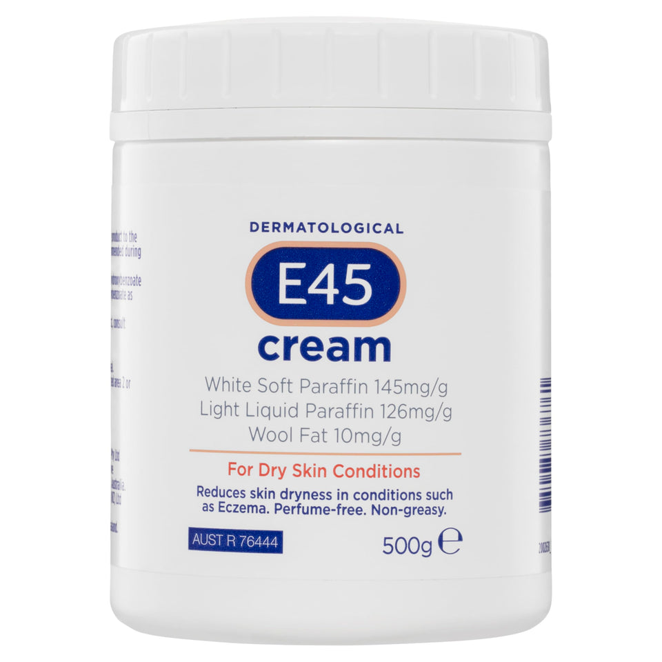 E45 Moisturiser 500g tub front for deep hydration of dry skin