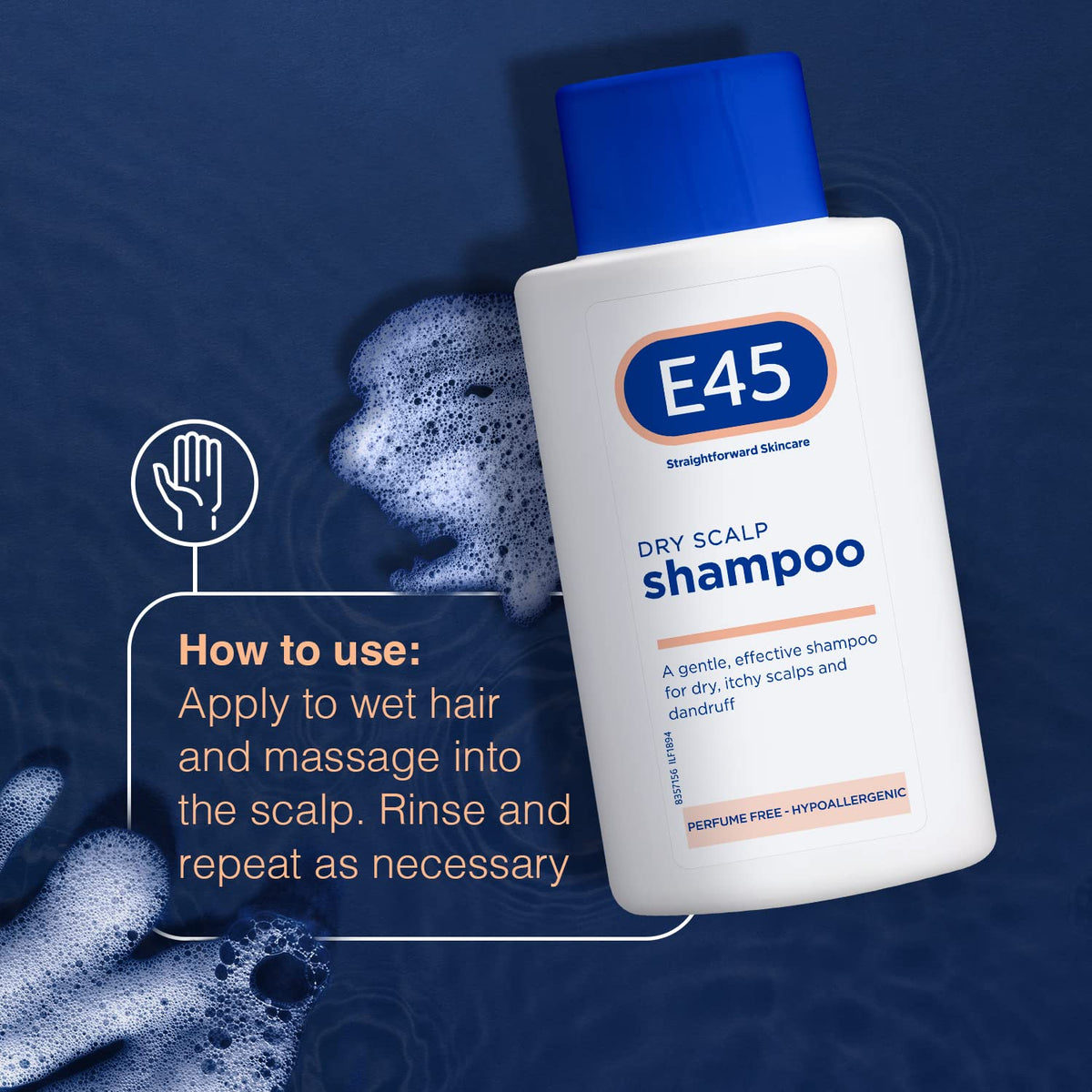 E45 bottle highlights pro vitamin B5 for gentle hair care