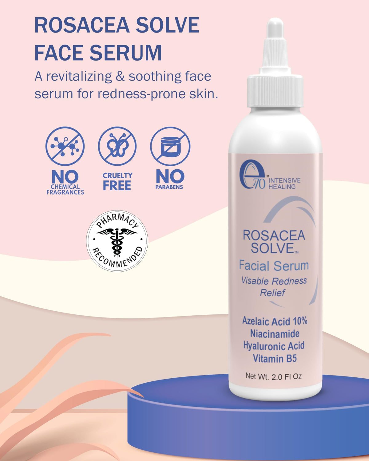 e70 rosacea serum application showing pea-sized amount on skin