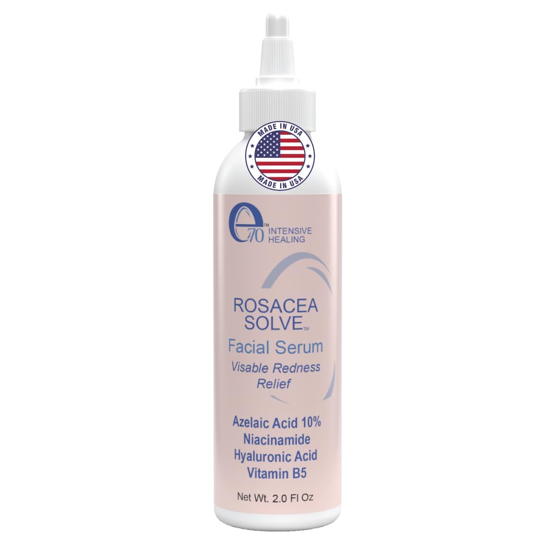 e70 rosacea serum bottle close-up for premium packaging