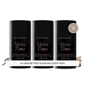 Each & Every aluminum-free cedar-vanilla deodorant pack shows vegan, cruelty-free freshness.