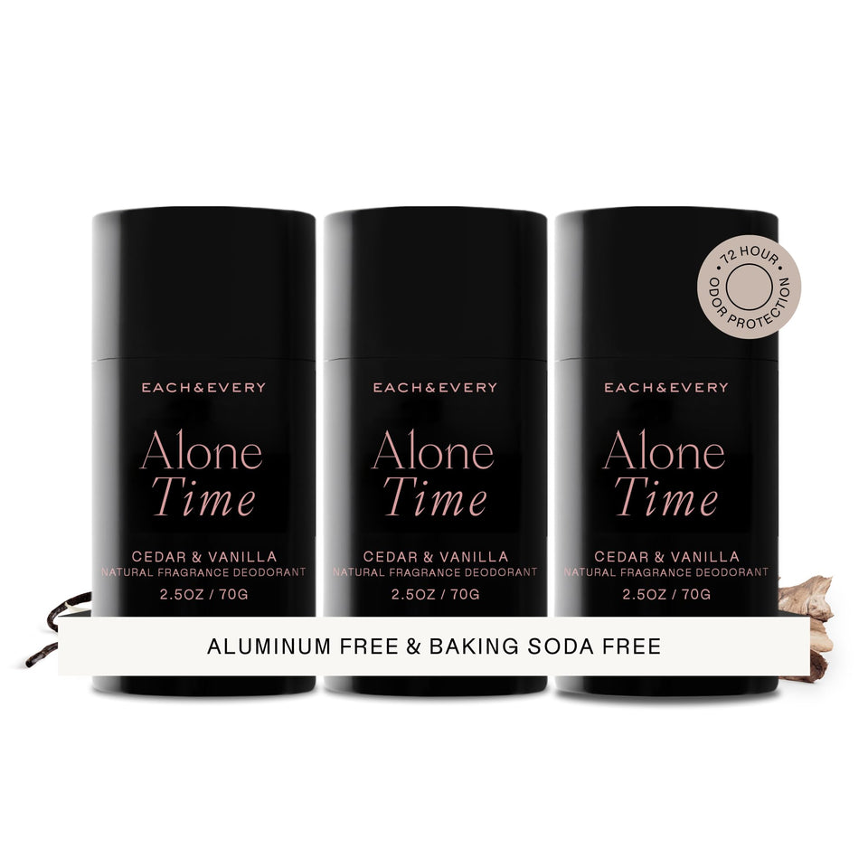 Each & Every aluminum-free cedar-vanilla deodorant pack shows vegan, cruelty-free freshness.