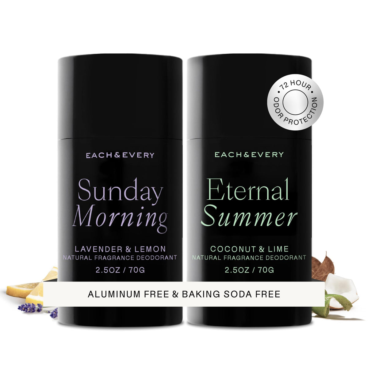 Each & Every 2-pack box displaying aluminum-free deodorant for all-day freshness
