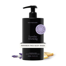 Each & Every Sunday Morning lavender lemon bottle promotes a calming shower routine.