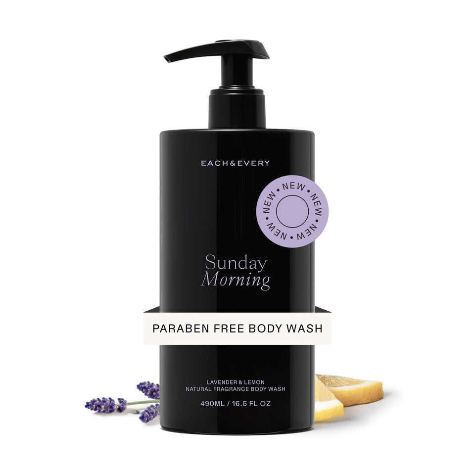 Each & Every Sunday Morning lavender lemon bottle promotes a calming shower routine.
