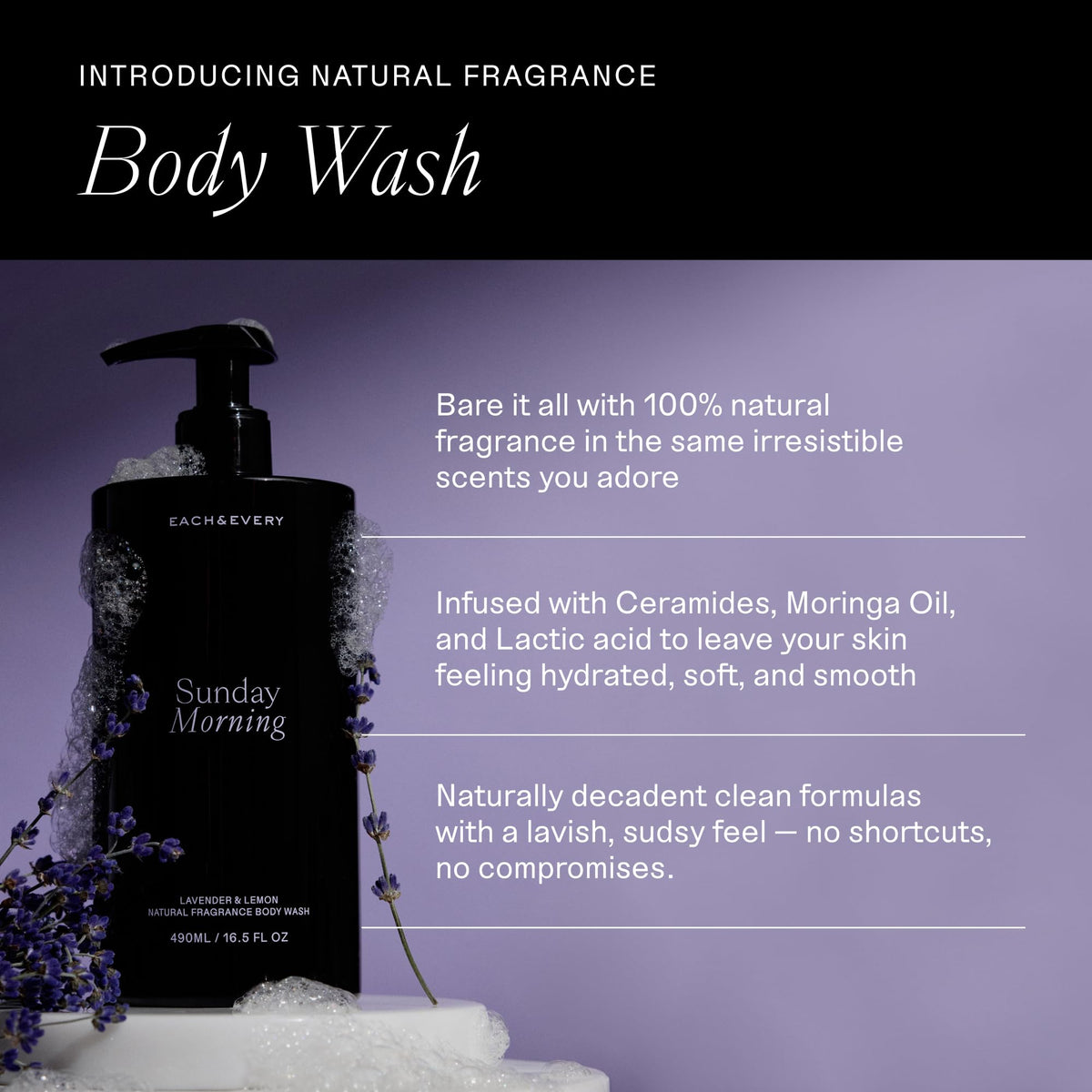 Each & Every Sunday Morning lavender lemon pump closeup highlights refreshing fragrance.
