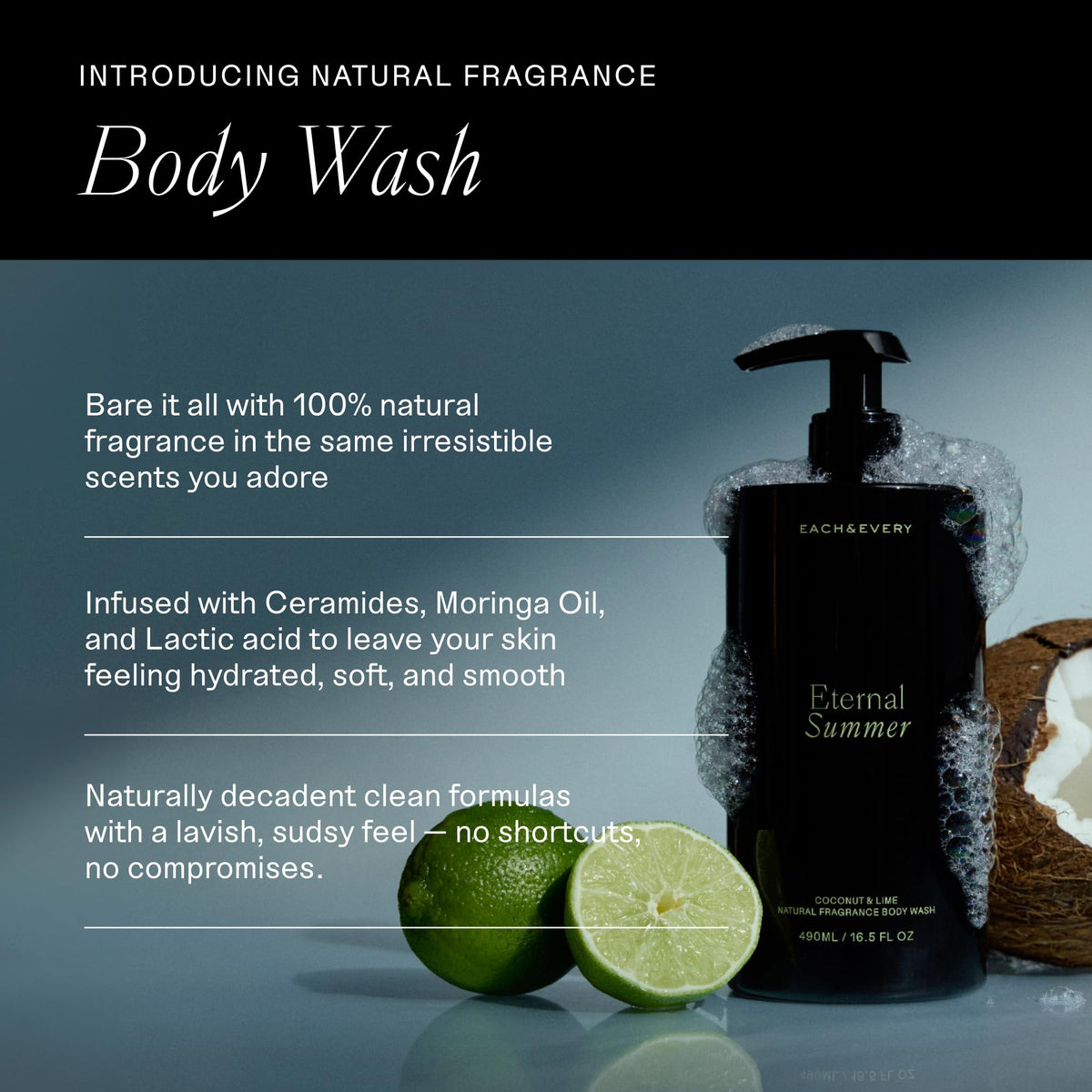 Each & Every body wash coconut lime pump showing easy daily application
