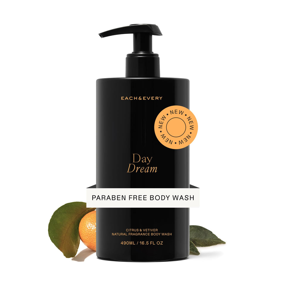 Each & Every Day Dream citrus vetiver body wash bottle hydrates and refreshes daily showers.
