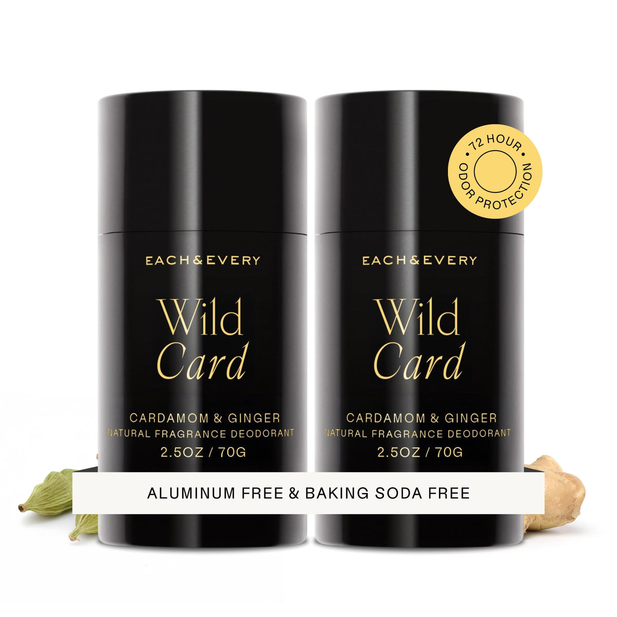 Each & Every cardamom-ginger deodorant 2-pack box; compact and travel-ready storage.