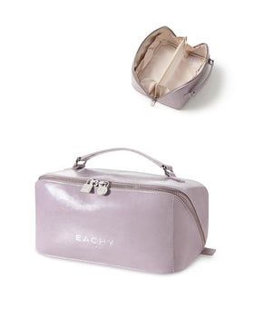EACHY travel makeup bag front view highlights waxed PU leather and water resistance for daily use.