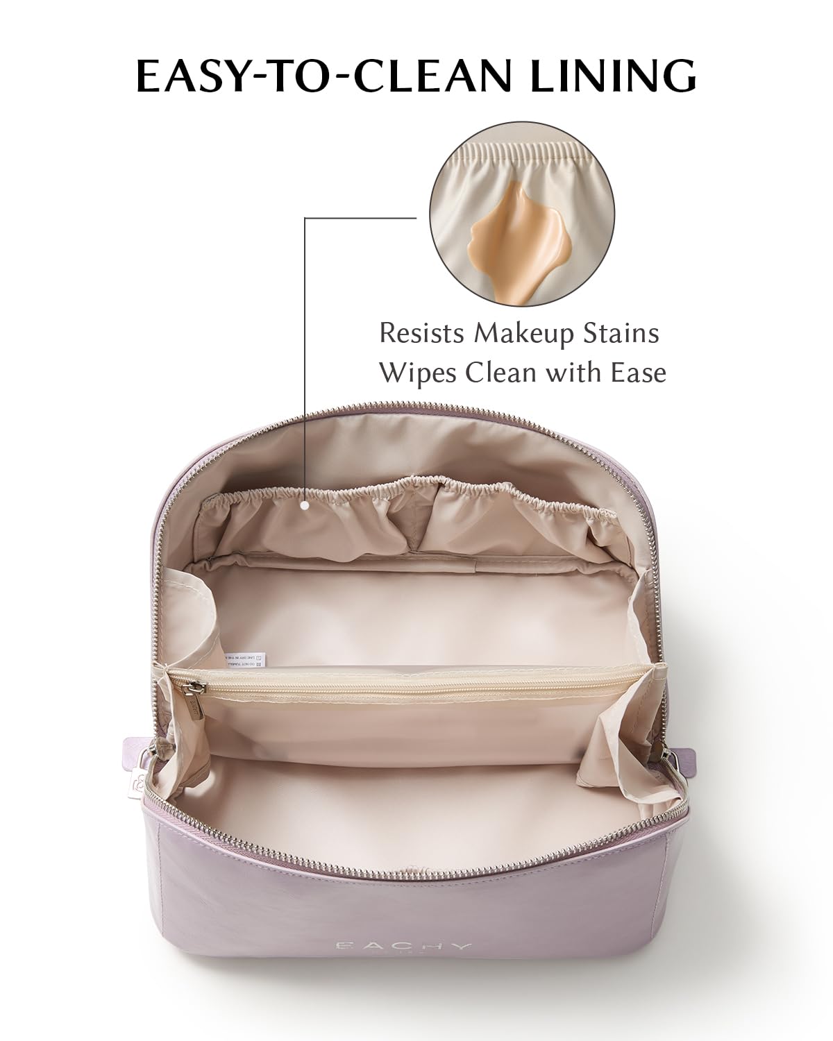 EACHY interior layout demonstrates organized pockets for cosmetics and toiletries.