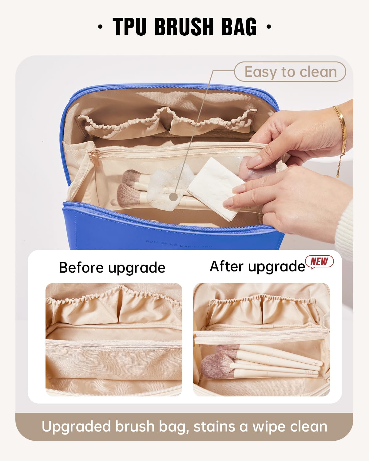 Eachy bag features a clear TPU brush compartment for easy access.