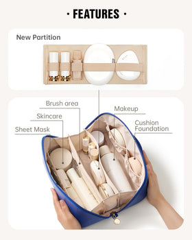 Eachy cosmetic bag with large capacity for full-size makeup and toiletries.